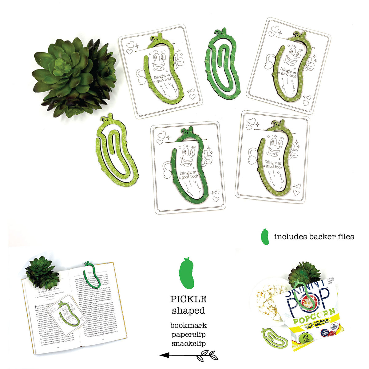 Pickle Shaped Bookmark with Card Backer - Paperclip - Snack Bag Closure - Glowforge