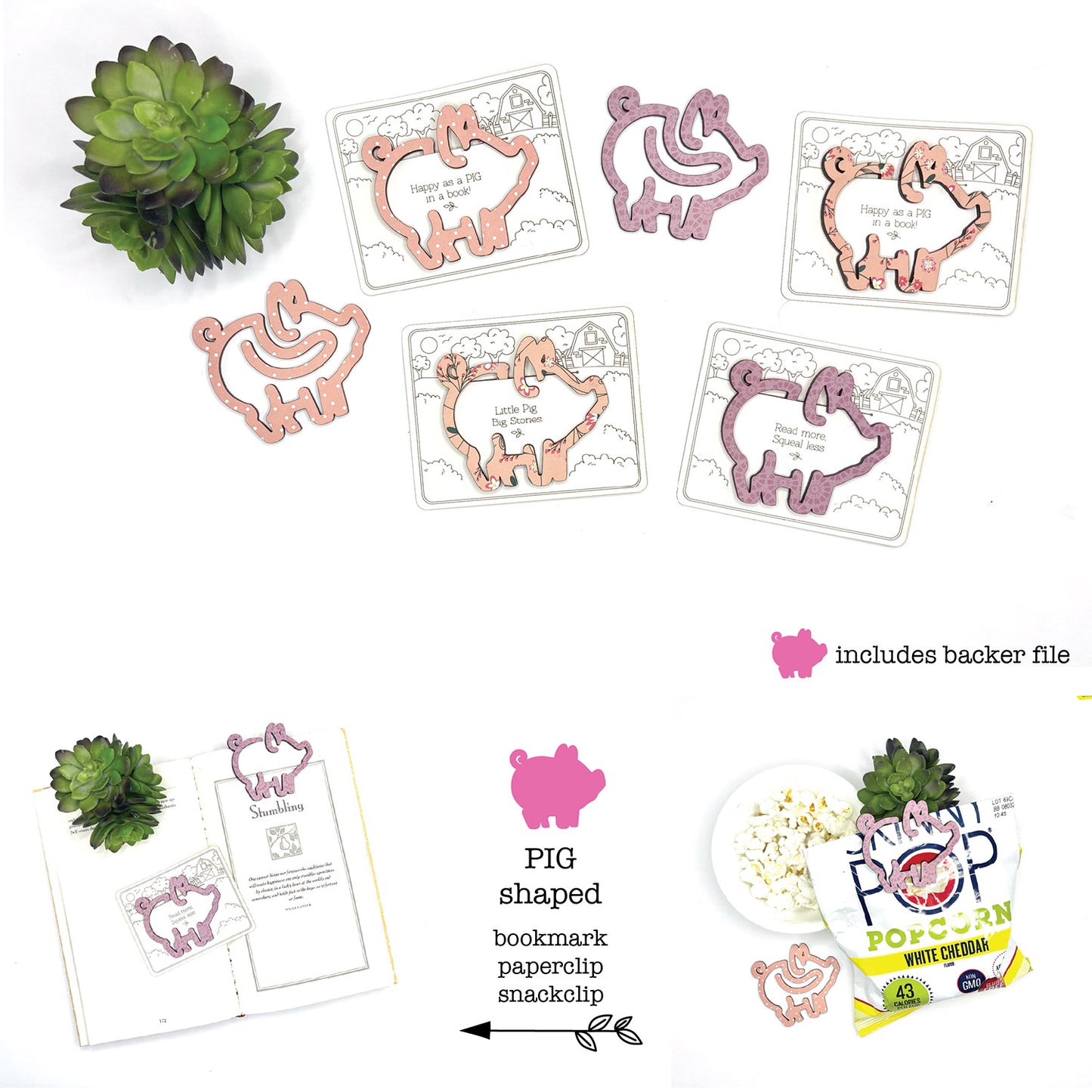 Pig Shaped Bookmark with Card Backer - Paperclip - Snack Bag Closure - Glowforge