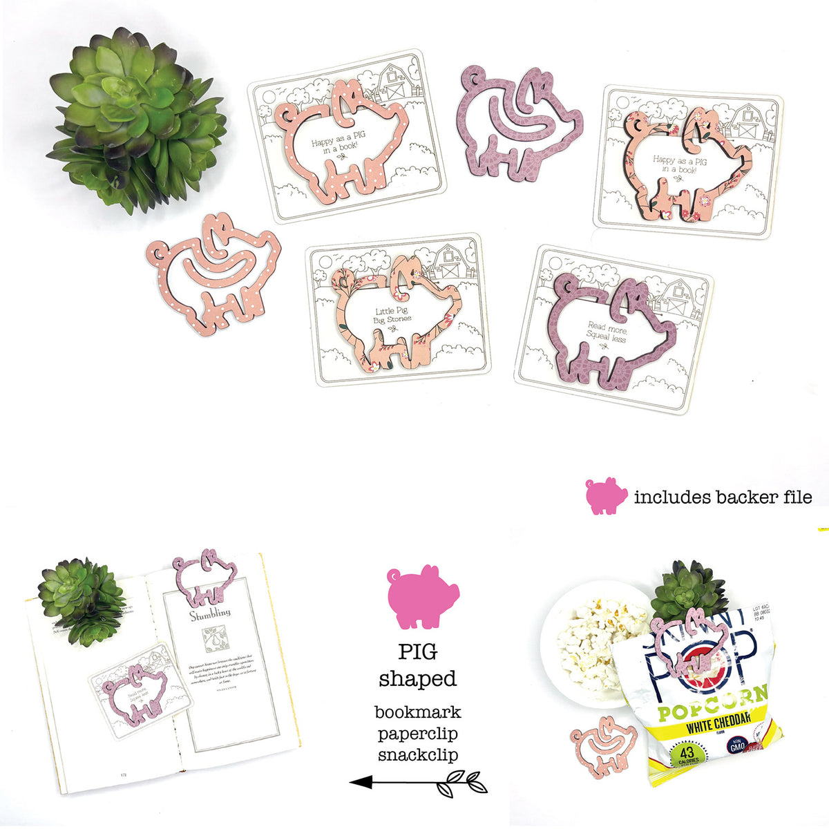 Pig Shaped Bookmark with Card Backer - Paperclip - Snack Bag Closure - Glowforge
