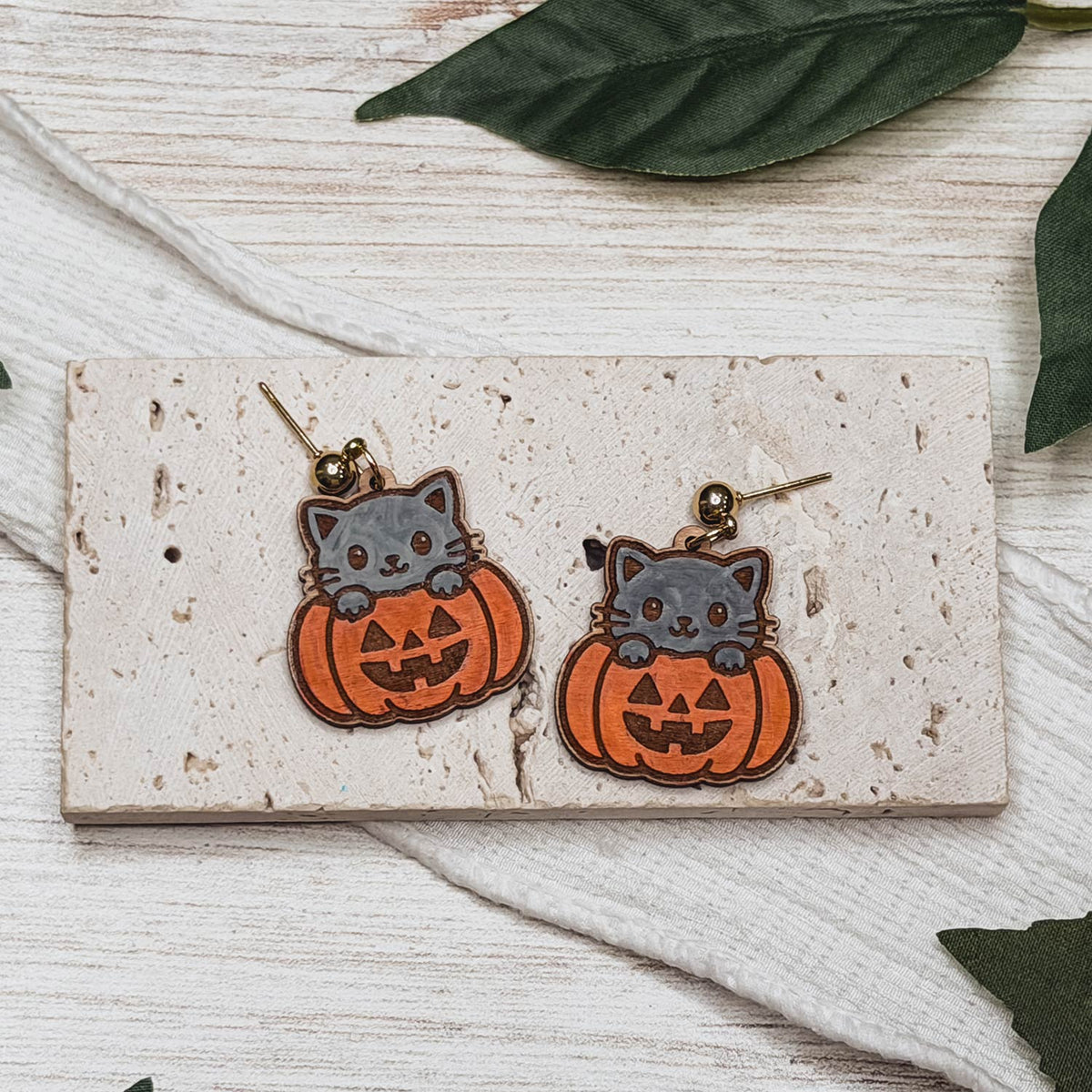 Playful Pumpkin Cat Halloween Earrings - Glowforge