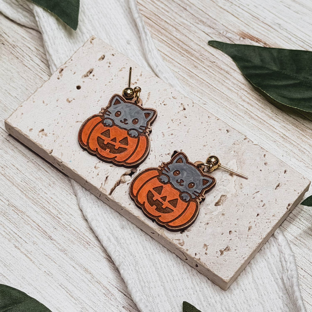 Playful Pumpkin Cat Halloween Earrings - Glowforge