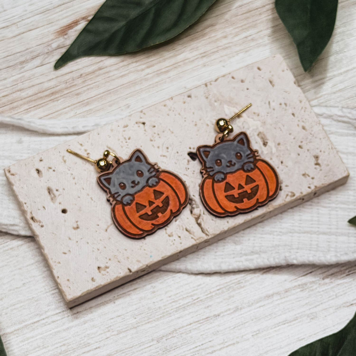 Playful Pumpkin Cat Halloween Earrings - Glowforge
