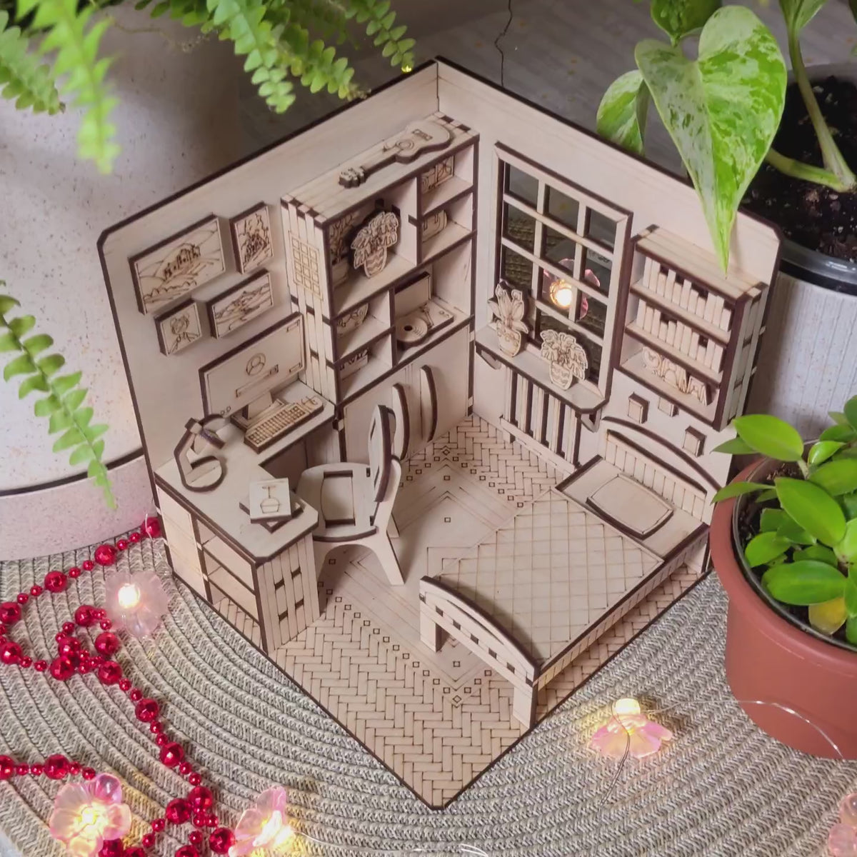 Dollhouse Bedroom Book Nook - Miniature Diorama with Furniture - Glowforge