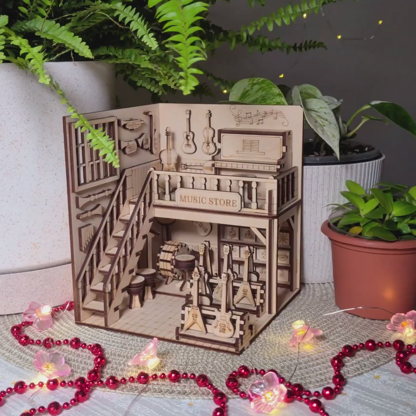 Music Store Book Nook - Miniature Diorama with Guitars, Drums & Piano - Glowforge