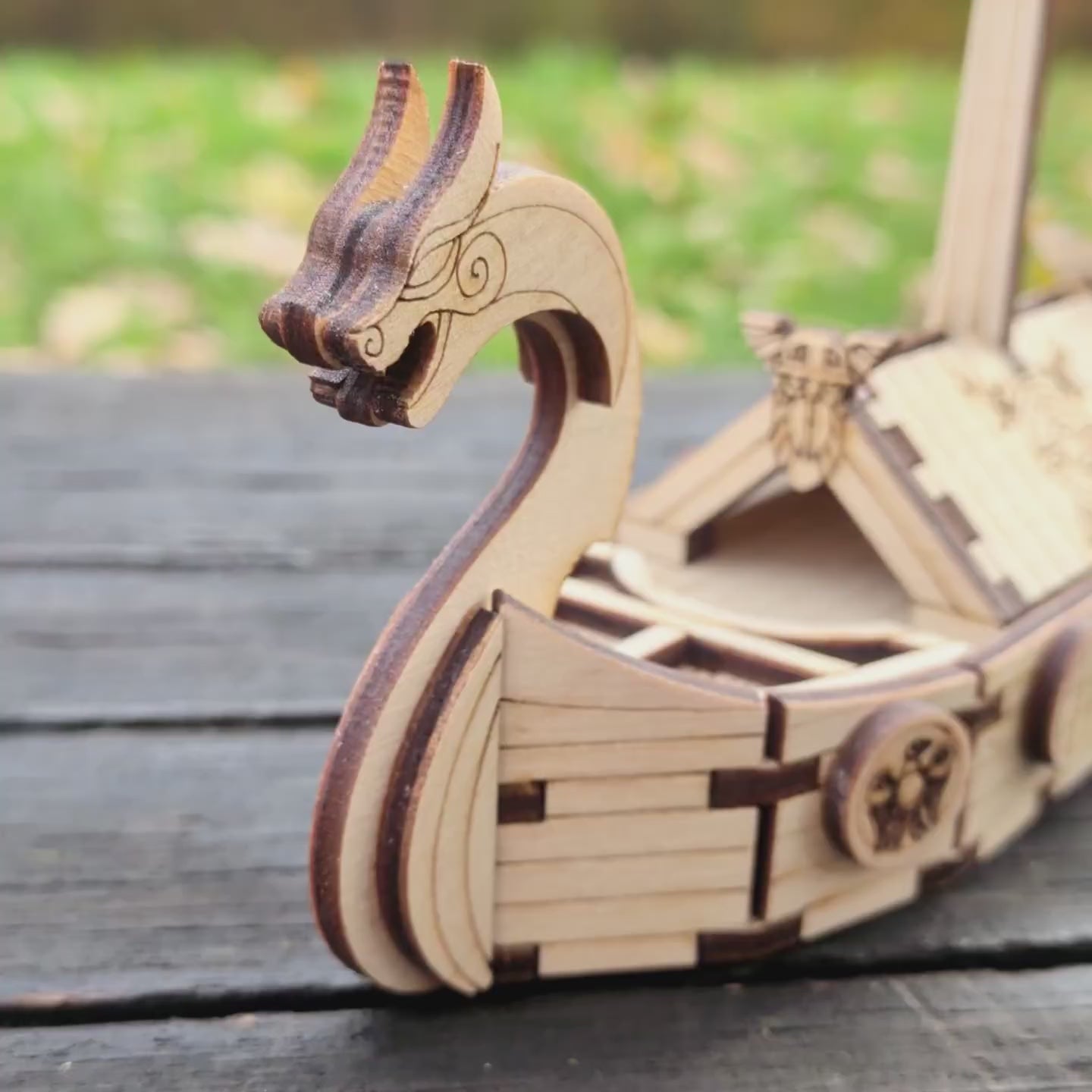 Medieval Viking Ship - Miniature Model with Dragon Head and Shields -Glowforge