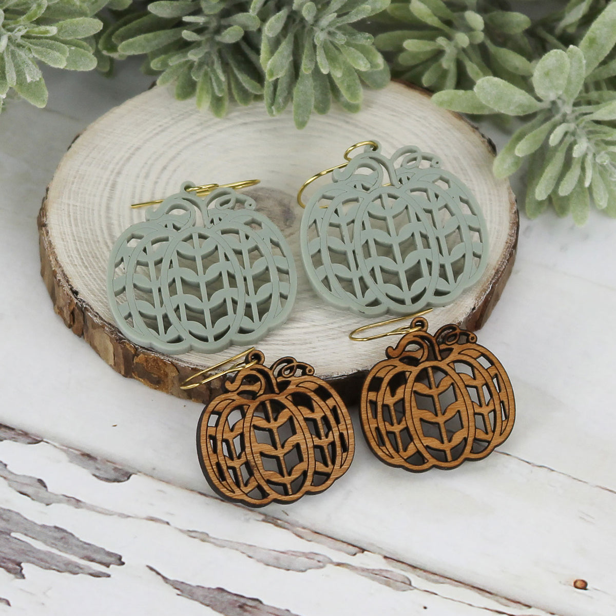 Pumpkin Earrings with Retro Leaf Pattern - Fall Earrings (Set of 2 Sizes) - Glowforge