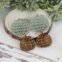 Pumpkin Earrings with Retro Leaf Pattern - Fall Earrings (Set of 2 Sizes) - Glowforge
