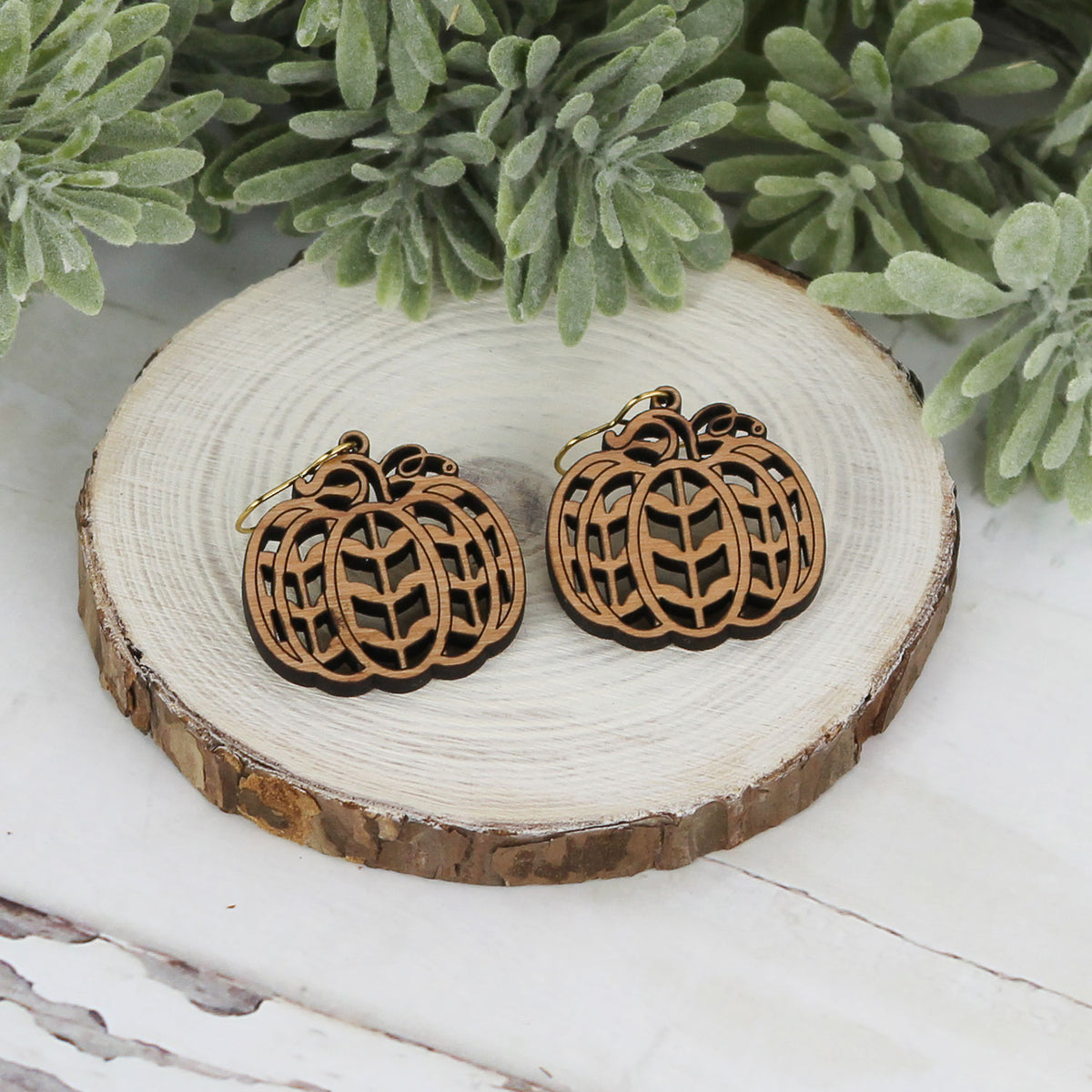 Pumpkin Earrings with Retro Leaf Pattern - Fall Earrings (Set of 2 Sizes) - Glowforge