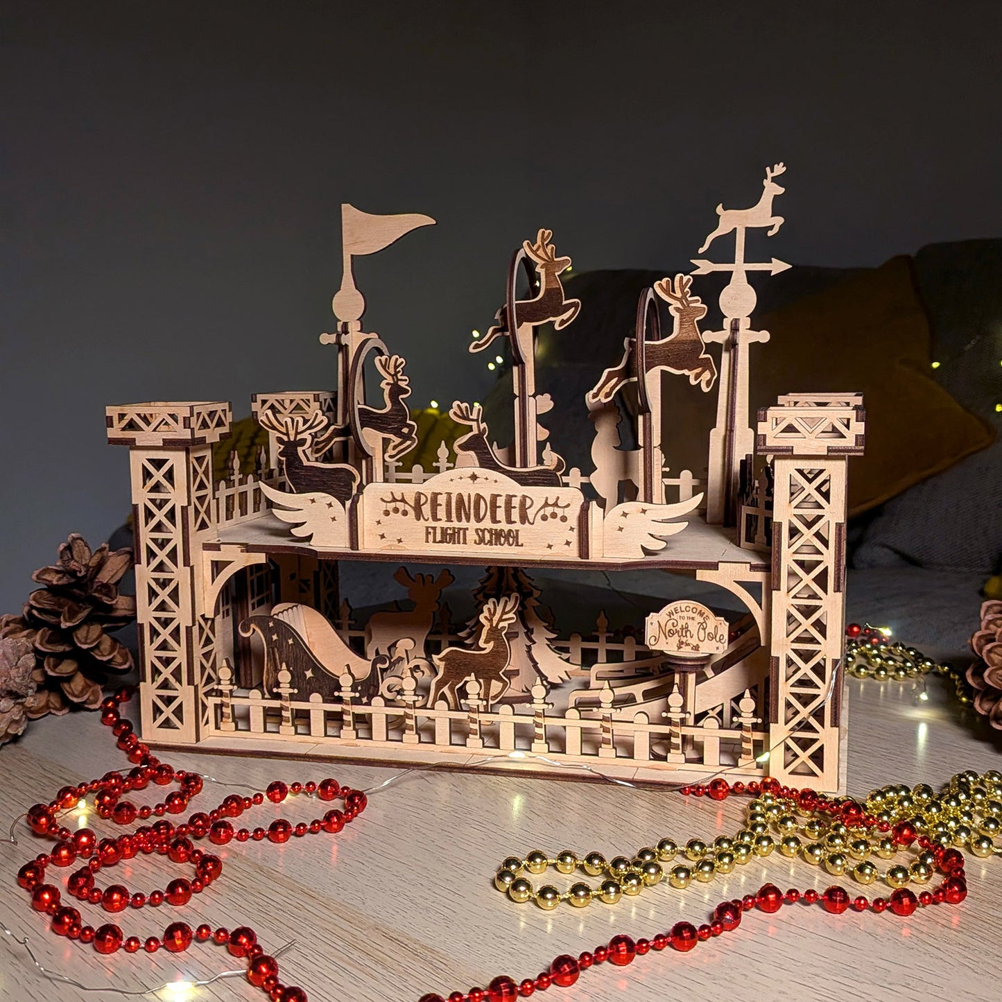 Reindeer Flight School - Whimsical Christmas Diorama with Santa's Helpers - Glowforge
