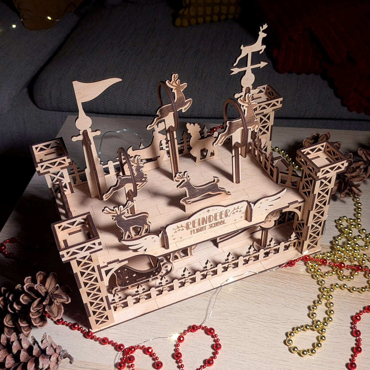 Reindeer Flight School - Whimsical Christmas Diorama with Santa's Helpers - Glowforge