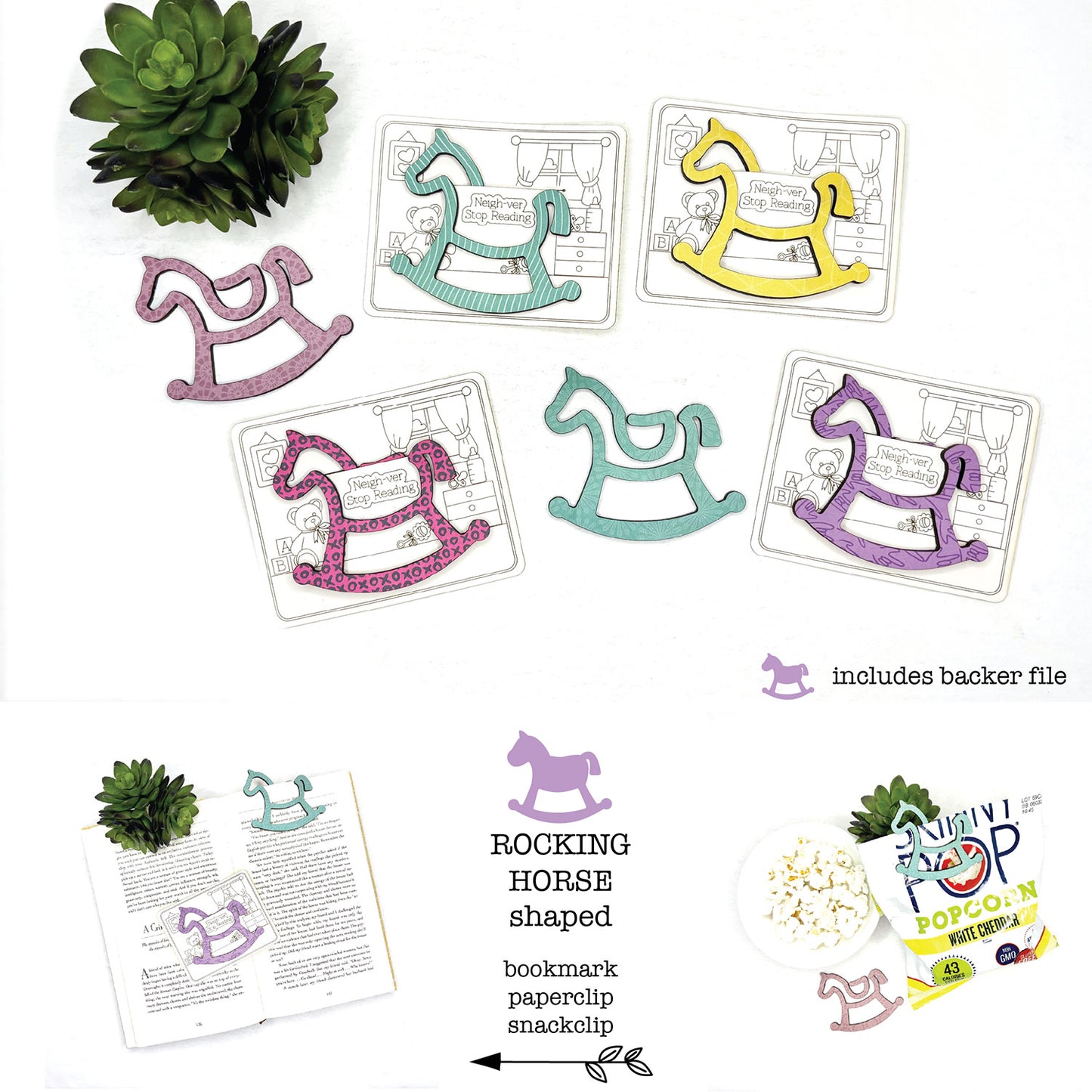 Rocking Horse Shaped Bookmark with Card Backer - Paperclip - Snack Bag Closure - Glowforge