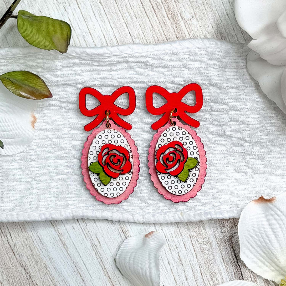 Romantic Rose Dangle Earrings with Bow Accent - Glowforge