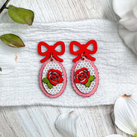 Romantic Rose Dangle Earrings with Bow Accent - Glowforge