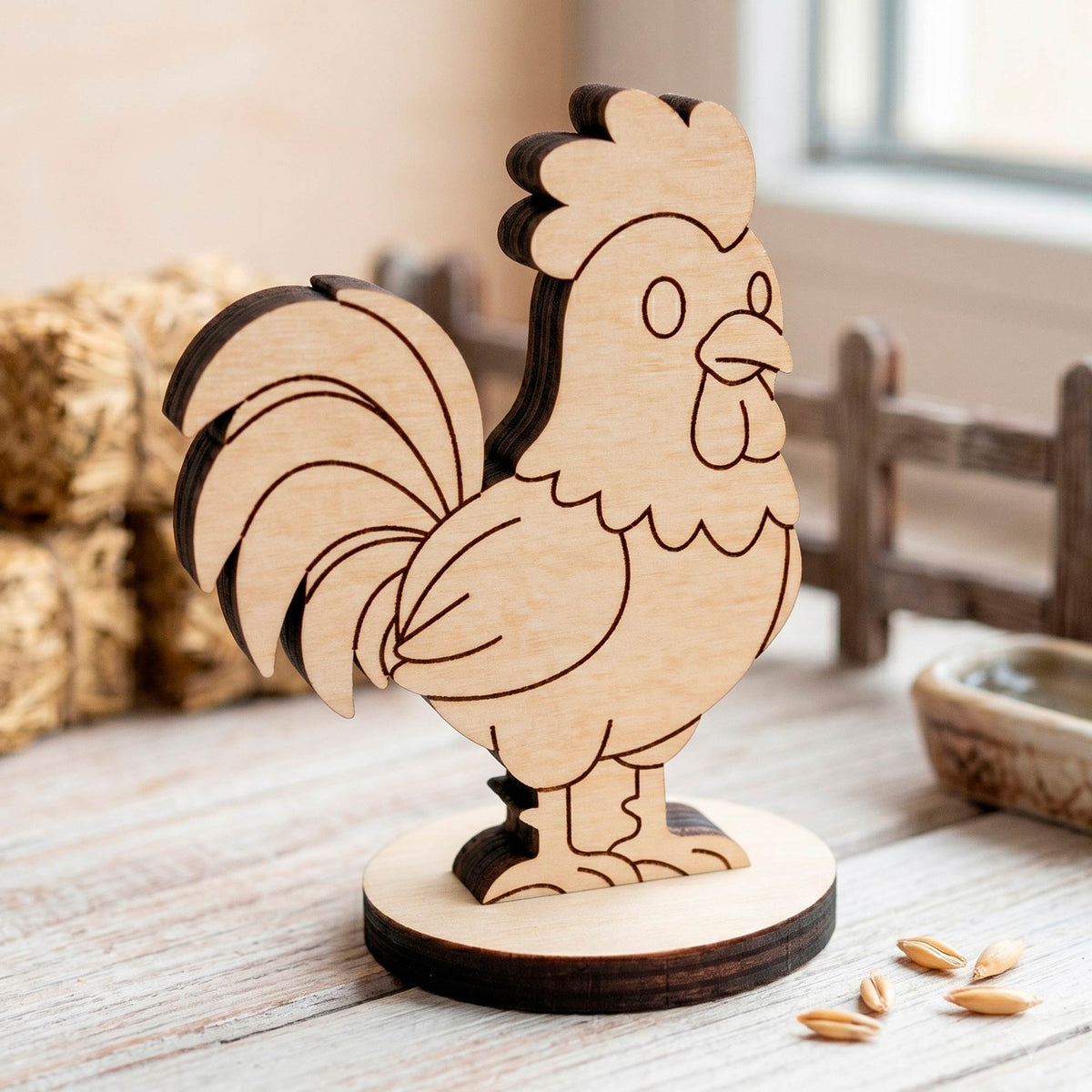 Rooster Toy - Wooden Farm Animal Figure for Play, Learning & Painting - Glowforge