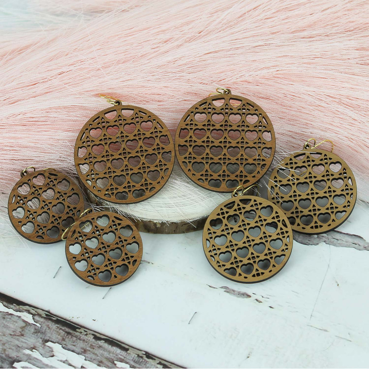 Round Earrings with Heart Rattan Pattern - Valentines Earrings (Set of 3 Sizes) - Glowforge