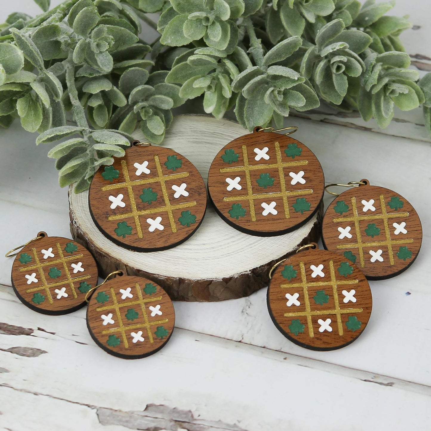 Round Earrings with Shamrock Tic Tac Toe Engrave - St. Patrick's Day Earrings (Set of 3 Sizes)