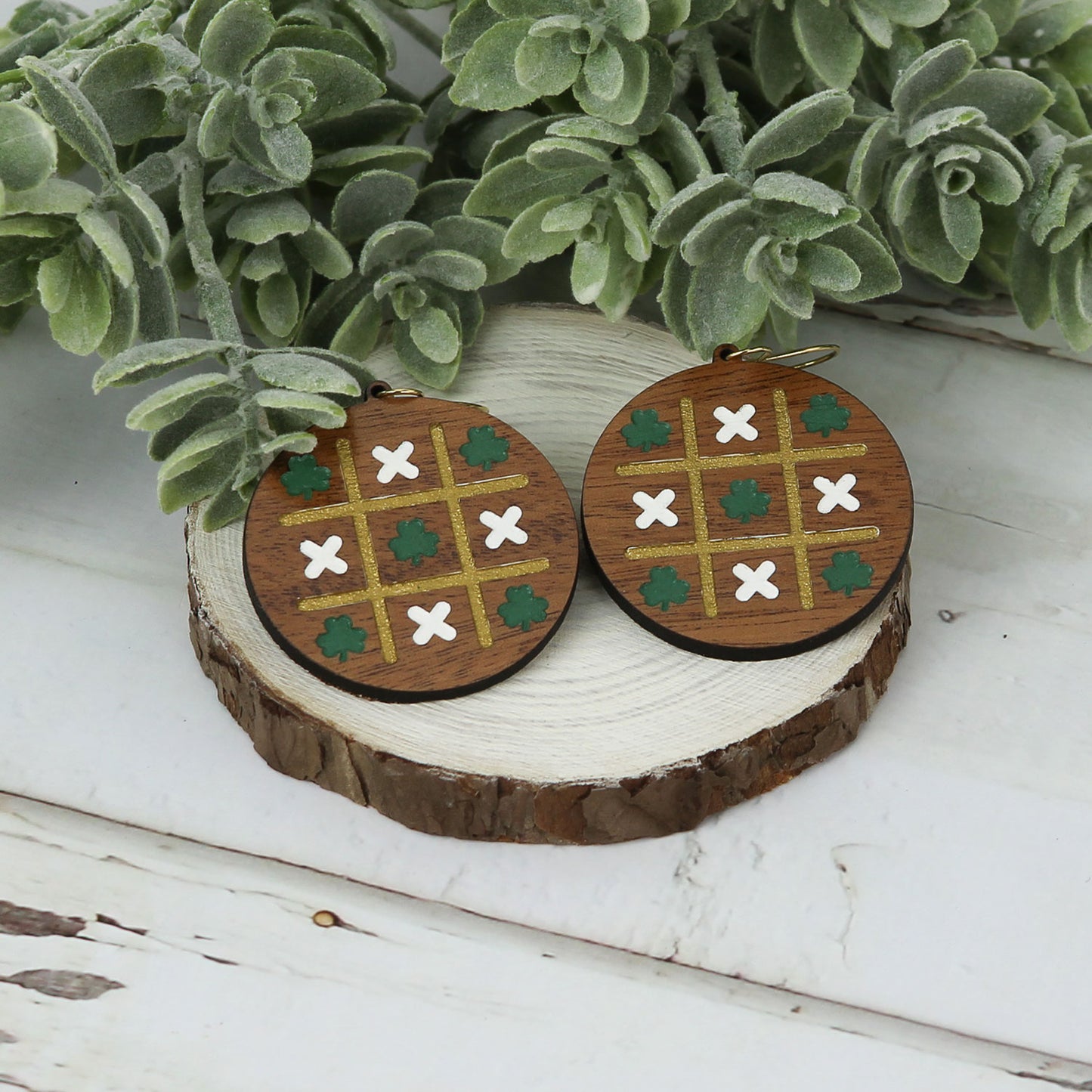 Round Earrings with Shamrock Tic Tac Toe Engrave - St. Patrick's Day Earrings (Set of 3 Sizes)