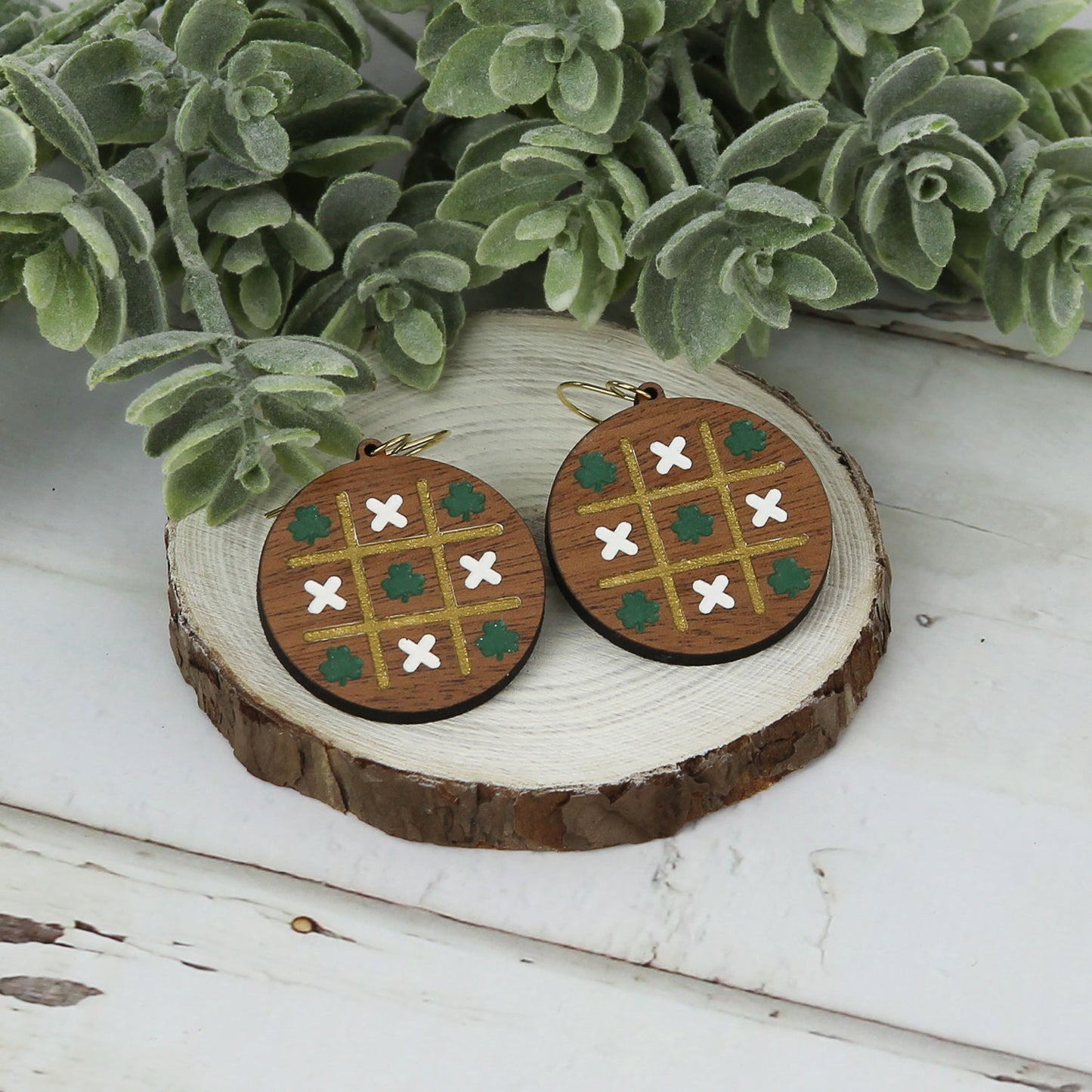 Round Earrings with Shamrock Tic Tac Toe Engrave - St. Patrick's Day Earrings (Set of 3 Sizes)
