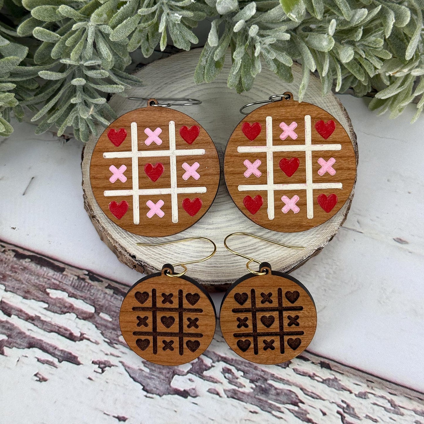 Round Earrings with Tic-tac-toe Engraved Valentine's Earrings (Set of 2 Sizes) - Glowforge