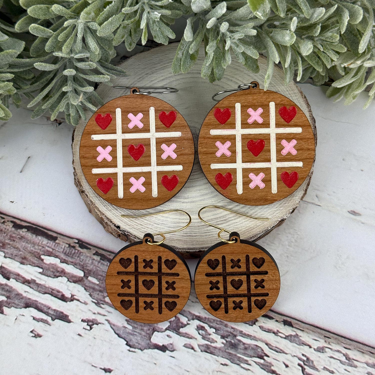 Round Earrings with Tic-tac-toe Engraved Valentine's Earrings (Set of 2 Sizes) - Glowforge