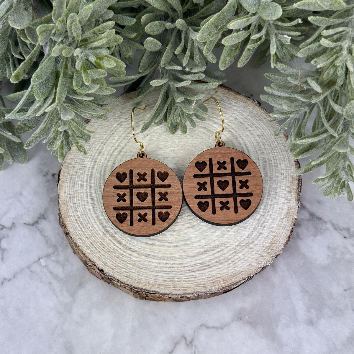 Round Earrings with Tic-tac-toe Engraved Valentine's Earrings (Set of 2 Sizes) - Glowforge