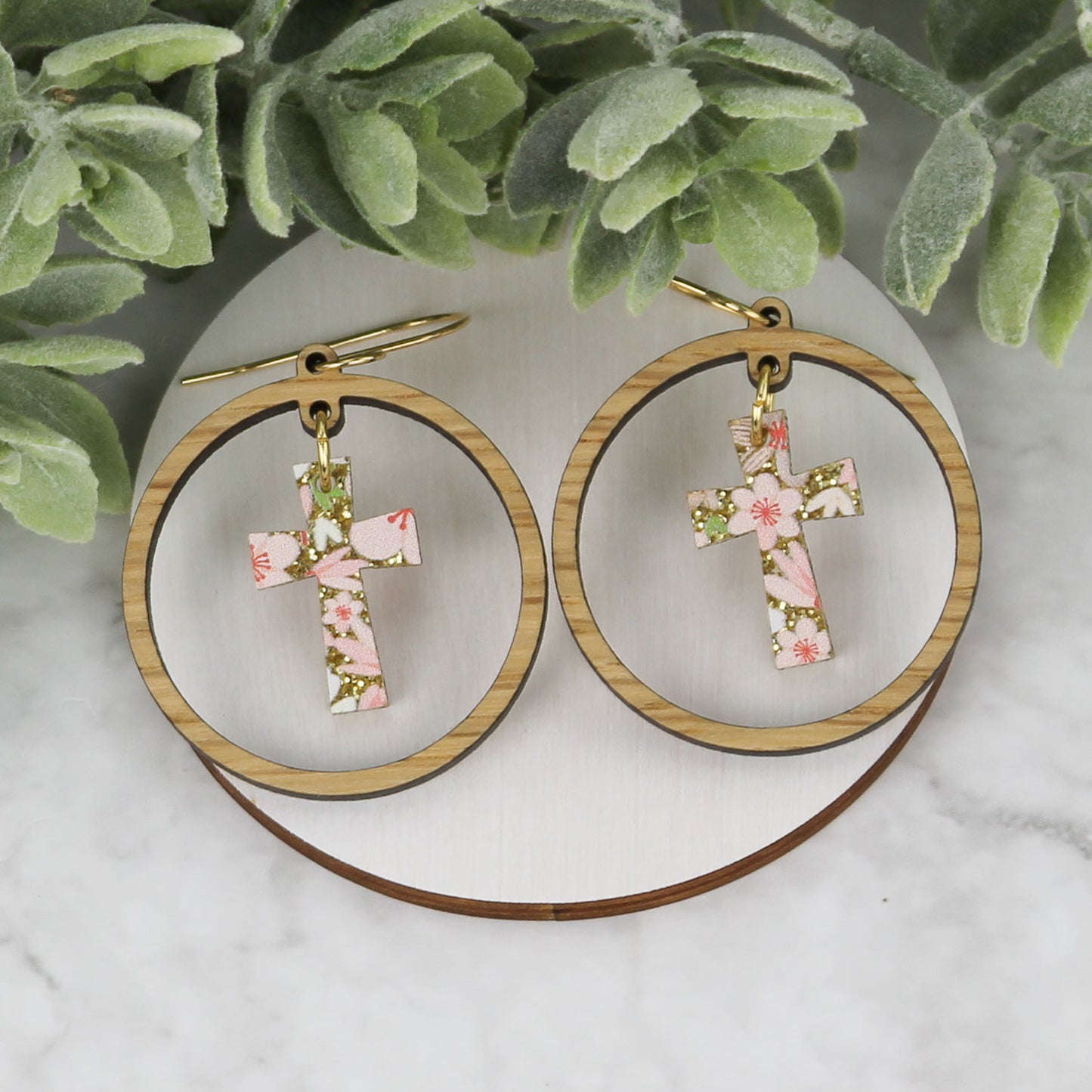Round Hoop Earrings with Cross Charm - Christian / Easter Earrings - Glowforge