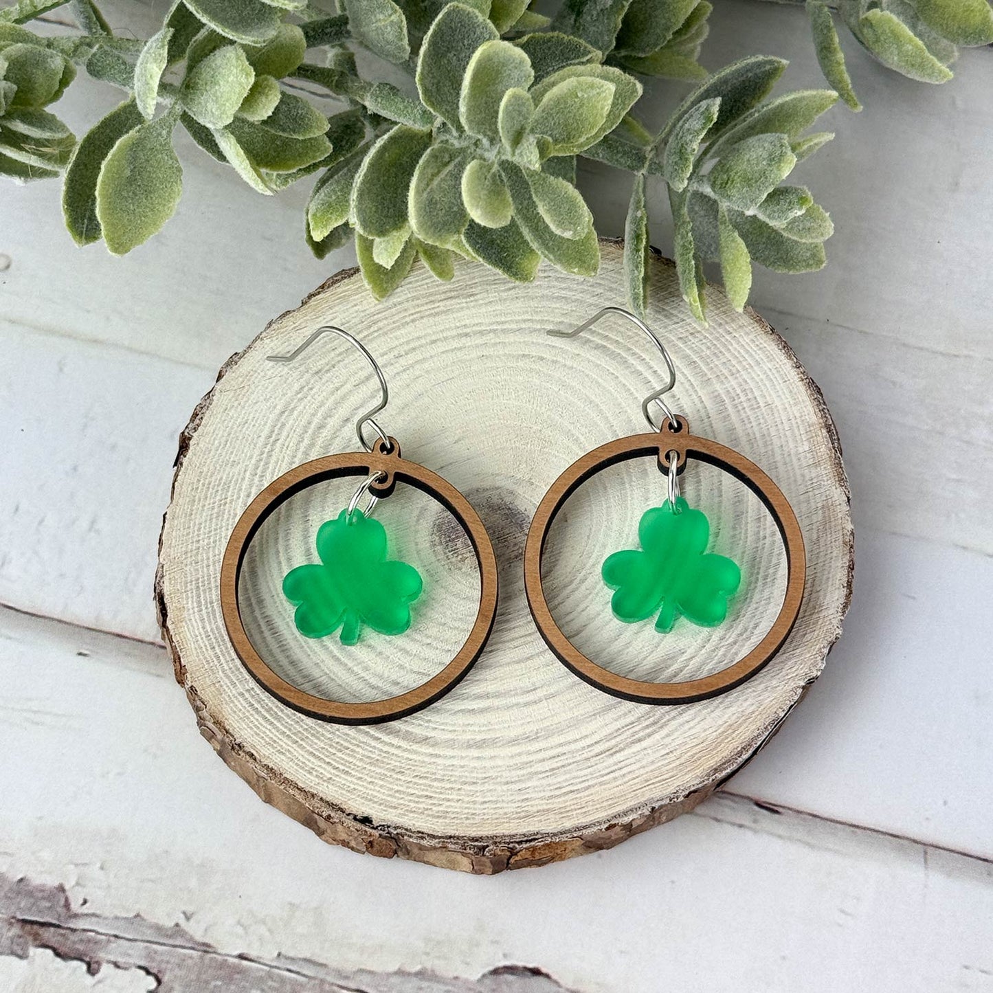 Round Hoop Earrings with Shamrock Charm - St. Patrick's Day Earrings - Glowforge