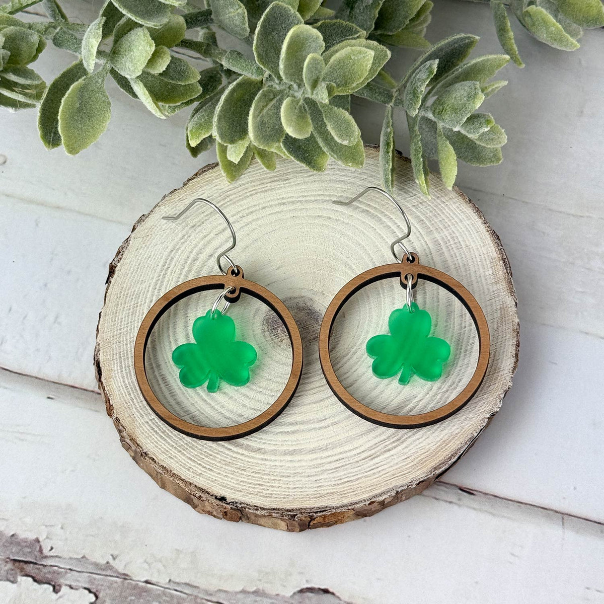 Round Hoop Earrings with Shamrock Charm - St. Patrick's Day Earrings - Glowforge