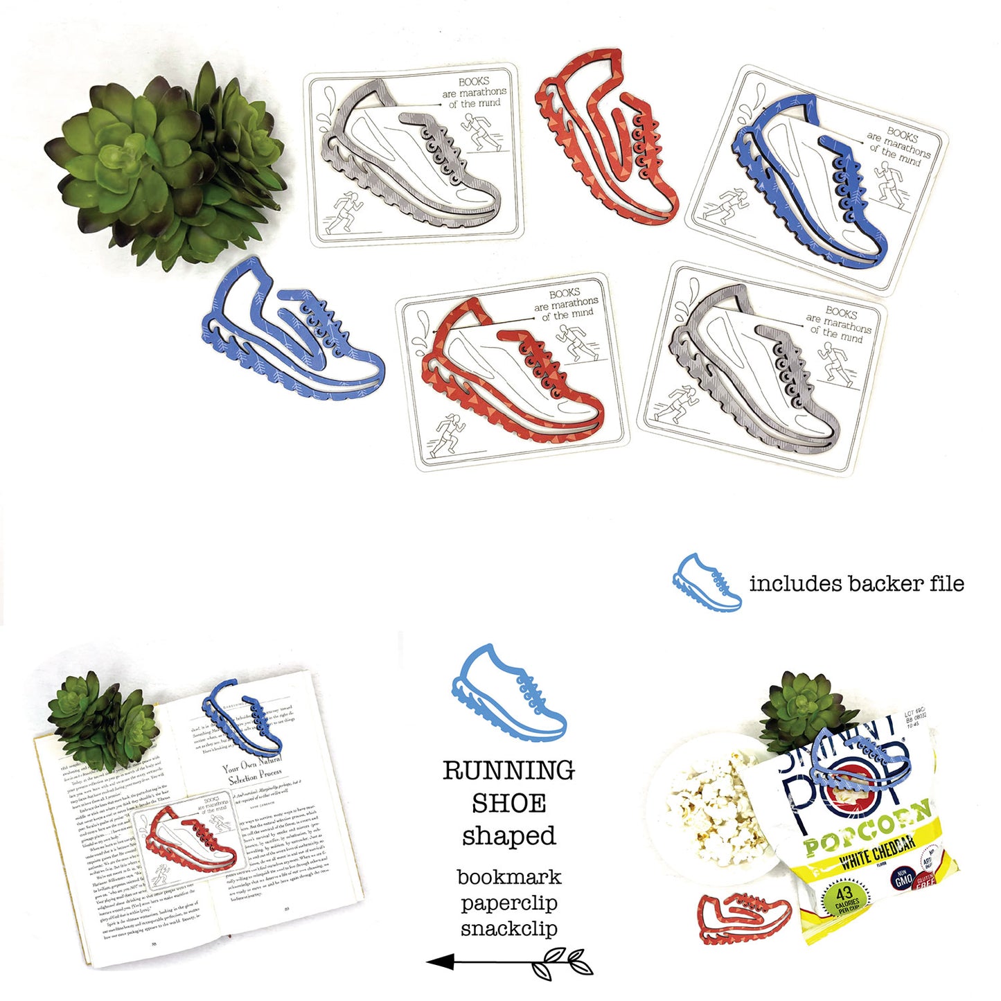 Running Shoe Shaped Bookmark with Card Backer - Paperclip - Snack Bag Closure - Glowforge