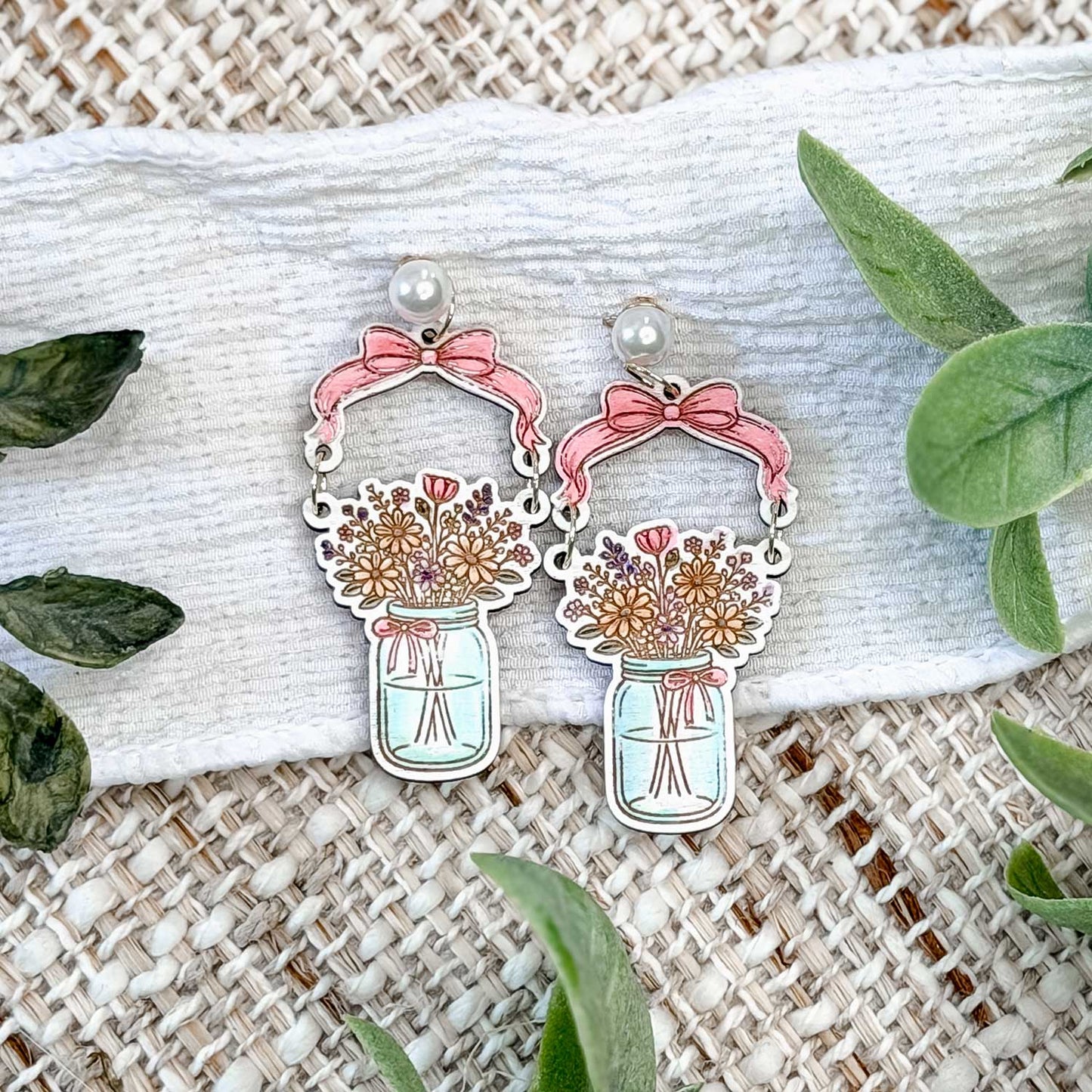 Rustic Floral Mason Jar Dangle Earrings with Bow - Glowforge
