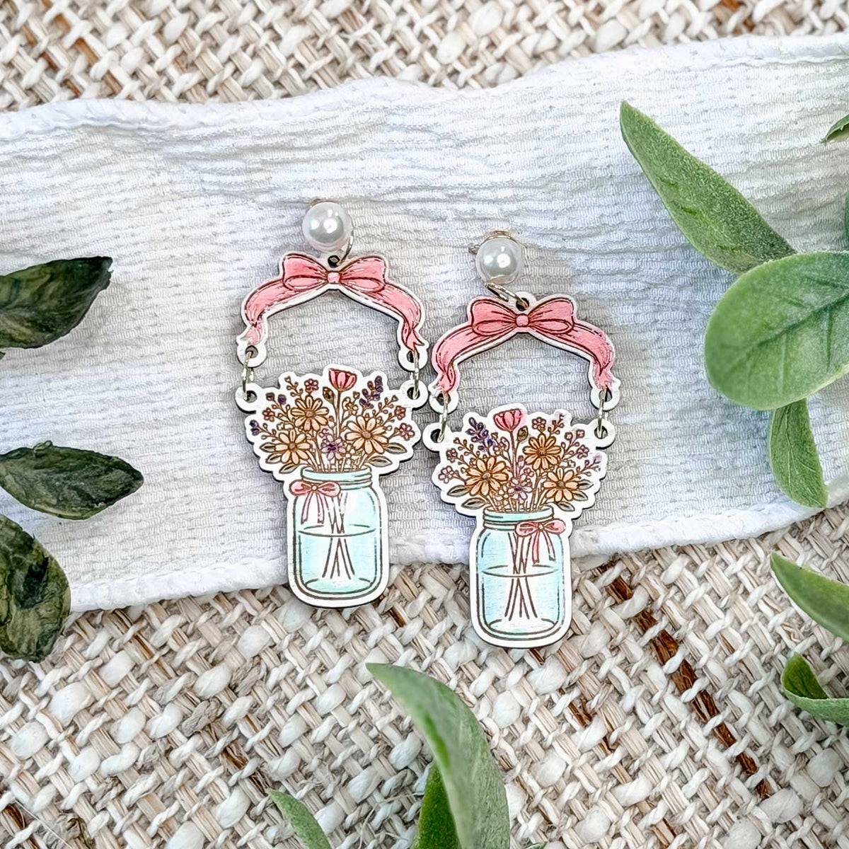 Rustic Floral Mason Jar Dangle Earrings with Bow - Glowforge