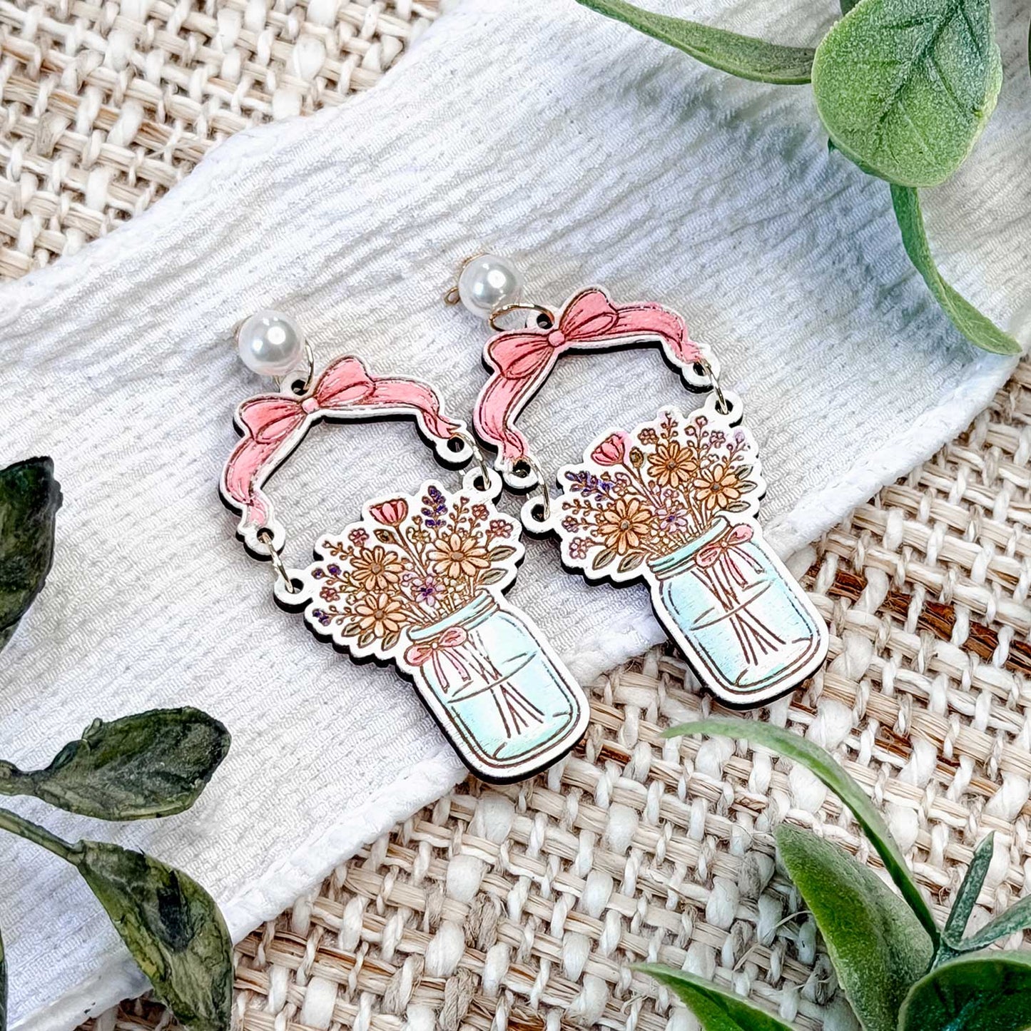 Rustic Floral Mason Jar Dangle Earrings with Bow - Glowforge