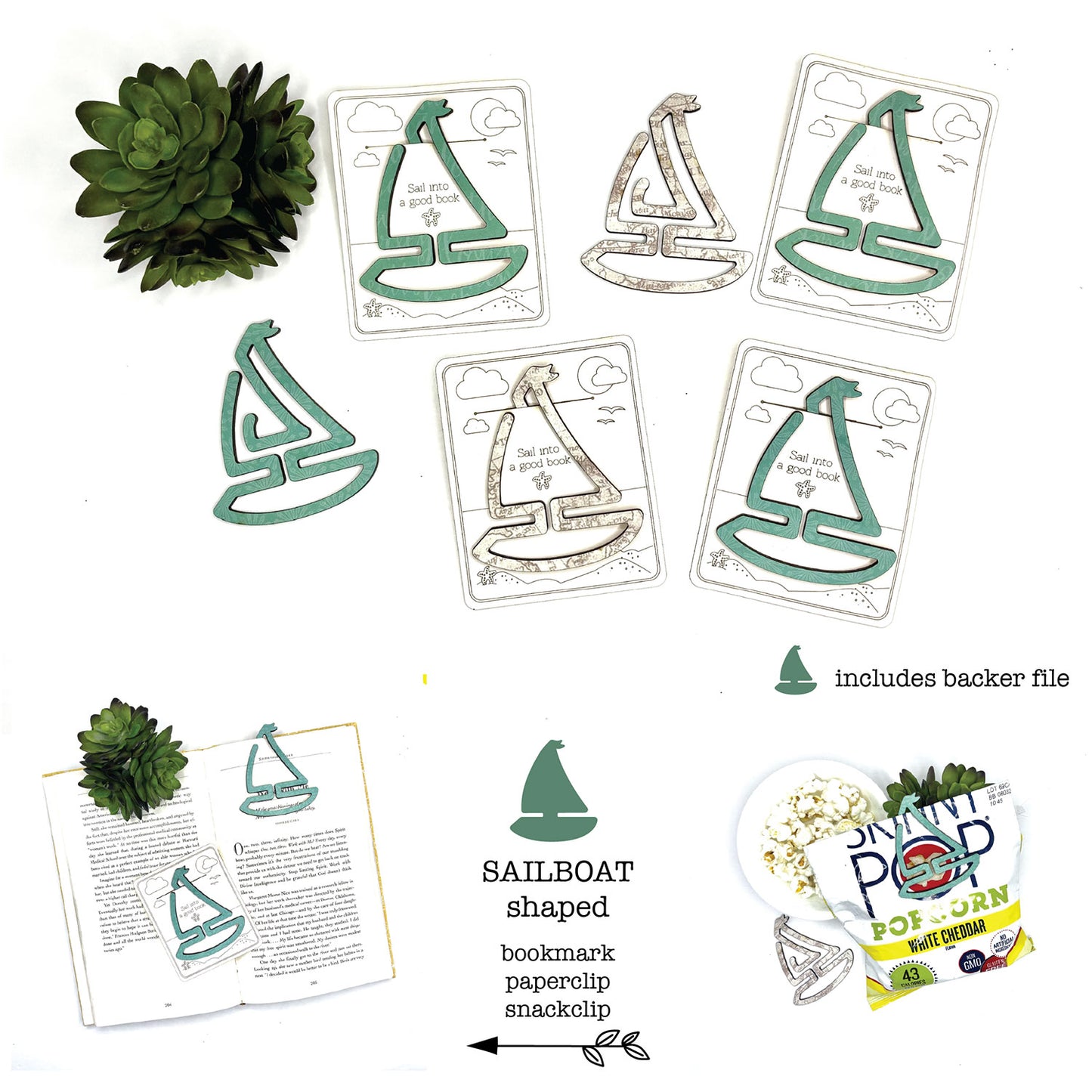 Sailboat Shaped Bookmark with Card Backer - Paperclip - Snack Bag Closure