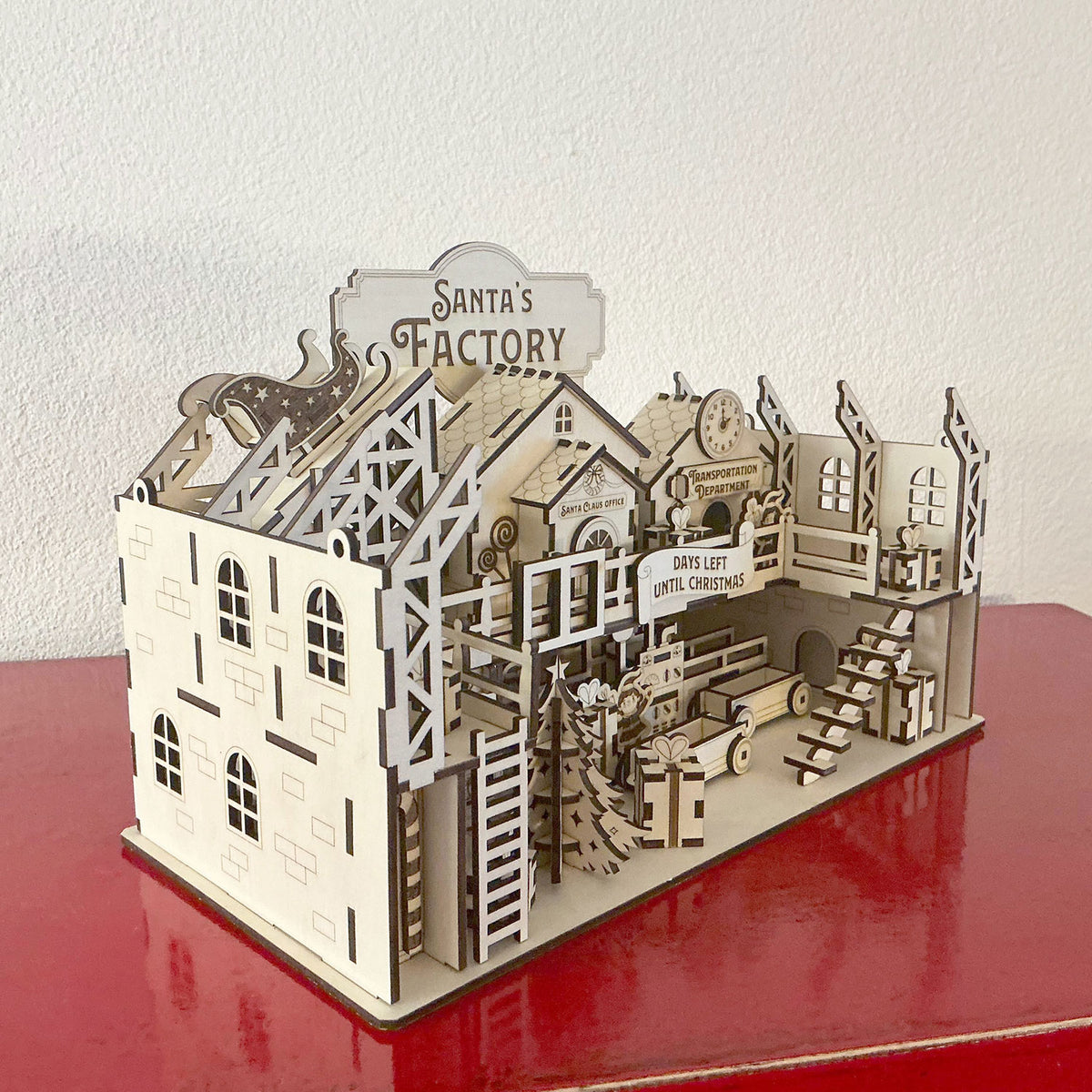 Santa's Factory - Christmas Workshop Diorama with Countdown Calendar & Christmas Tree - Glowforge