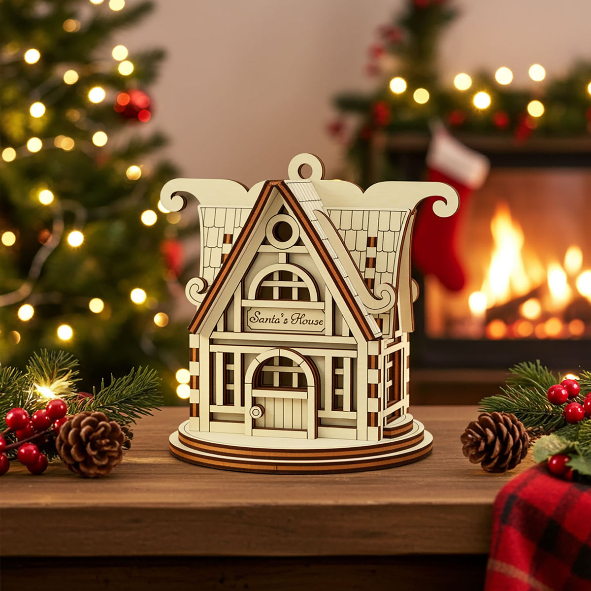 Santa’s Workshop - Christmas House Ornament with Festive Details - Glowforge