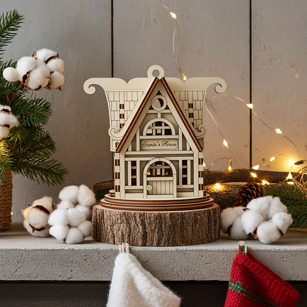 Santa’s Workshop - Christmas House Ornament with Festive Details - Glowforge