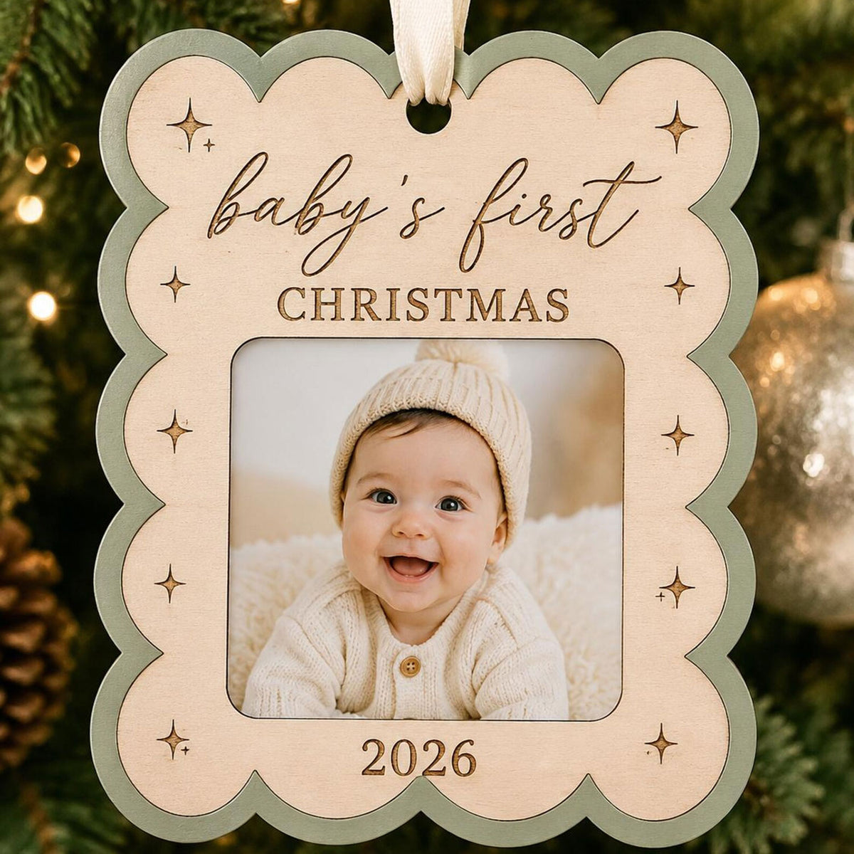 Scalloped Baby's First Christmas Frame Ornament - Glowforge