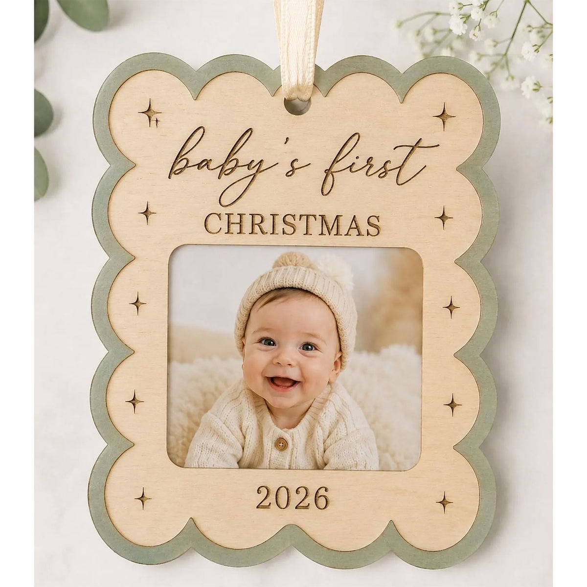 Scalloped Baby's First Christmas Frame Ornament - Glowforge