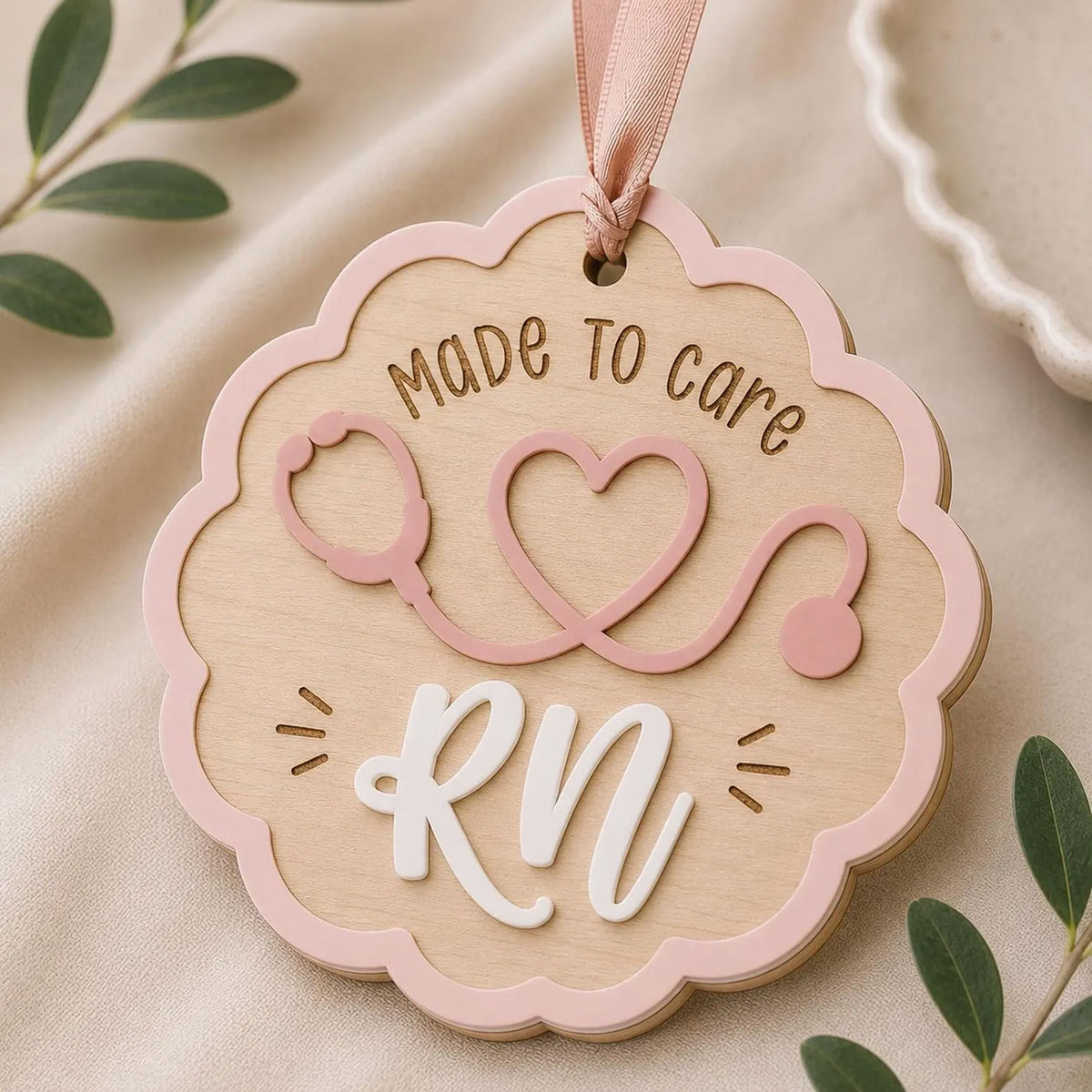 Scalloped RN Ornament with Heart Stethoscope - Glowforge