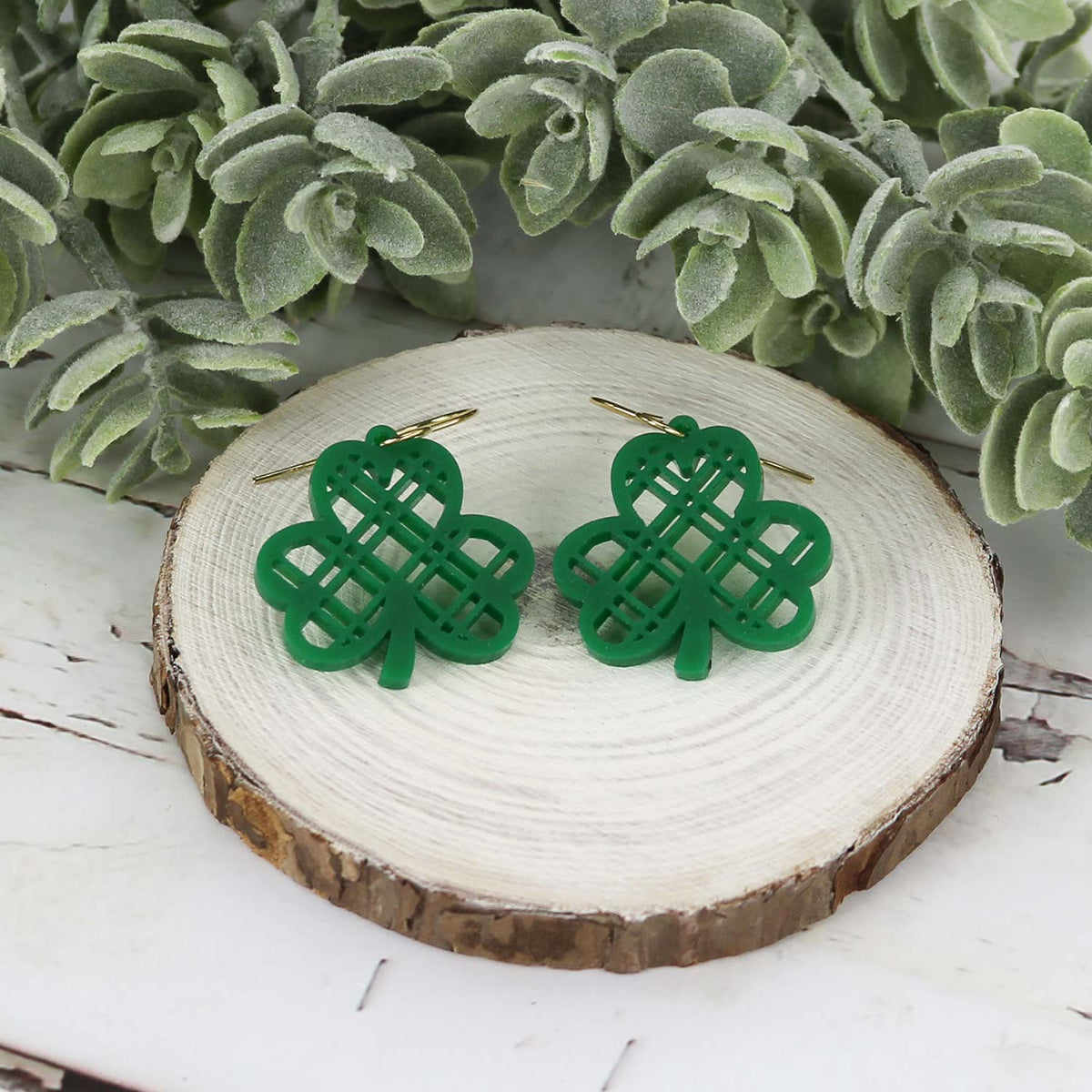 Shamrock Earrings with Modern Diagonal Lattice Pattern - St Patrick's Day Earrings - Glowforge