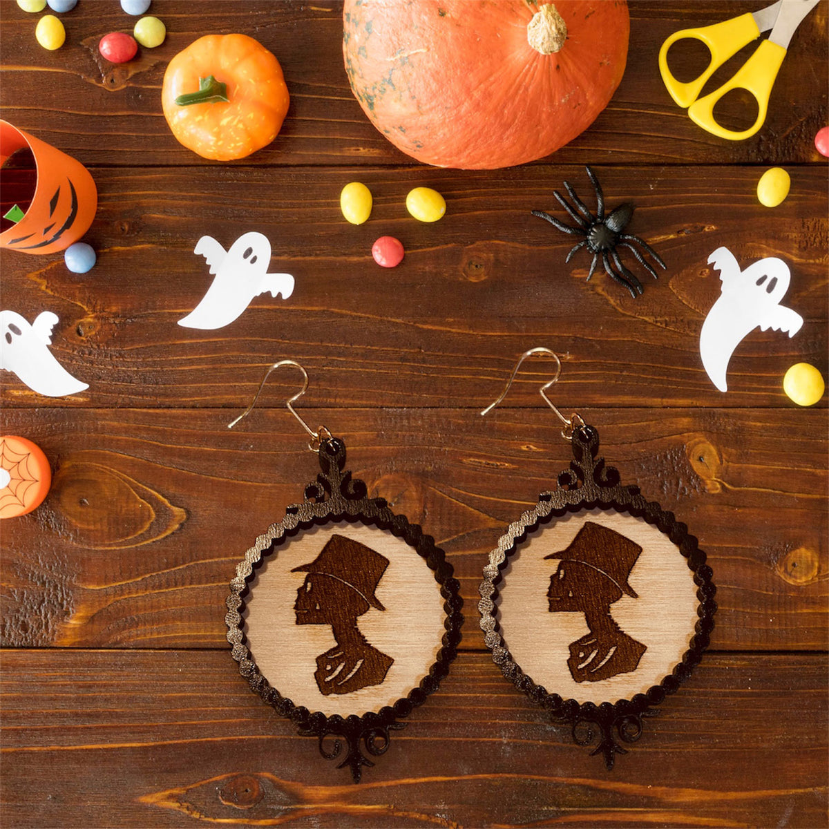 Skeleton Silhouette Halloween Picture Frame Layered Earrings - Glowforge