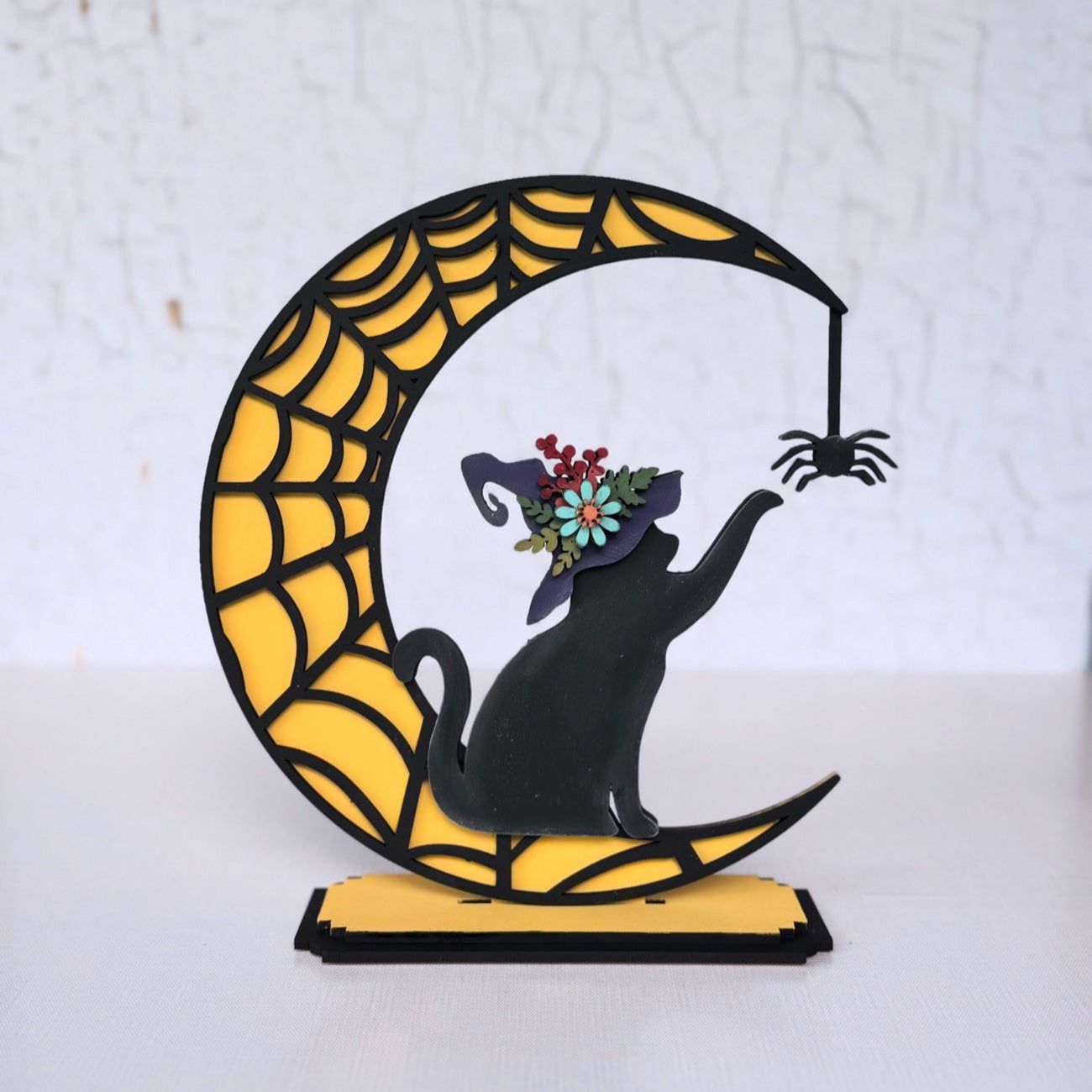 Spiderweb Crescent Moon Adorned with a Black Cat Witch Shelf Sitter for 1/8" Material - Glowforge