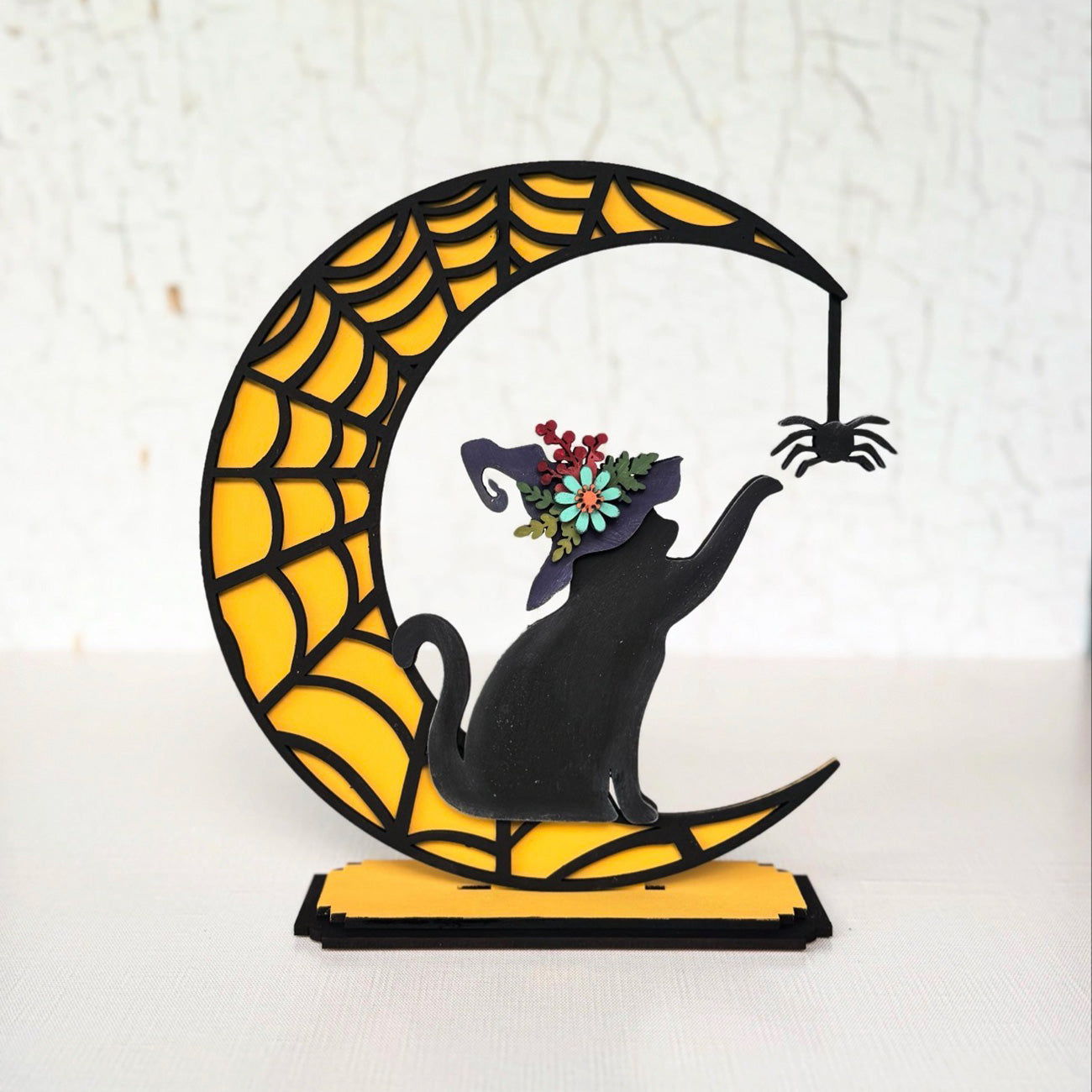 Spiderweb Crescent Moon Adorned with a Black Cat Witch Shelf Sitter for 1/8" Material - Glowforge