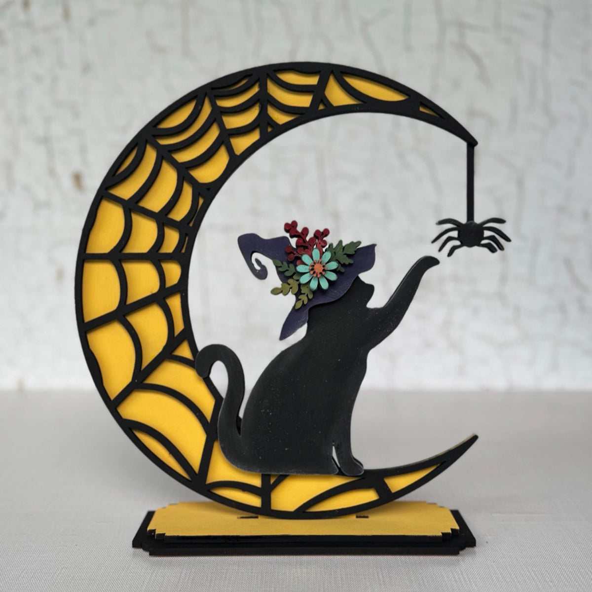 Spiderweb Crescent Moon Adorned with a Black Cat Witch Shelf Sitter for 1/8" Material - Glowforge