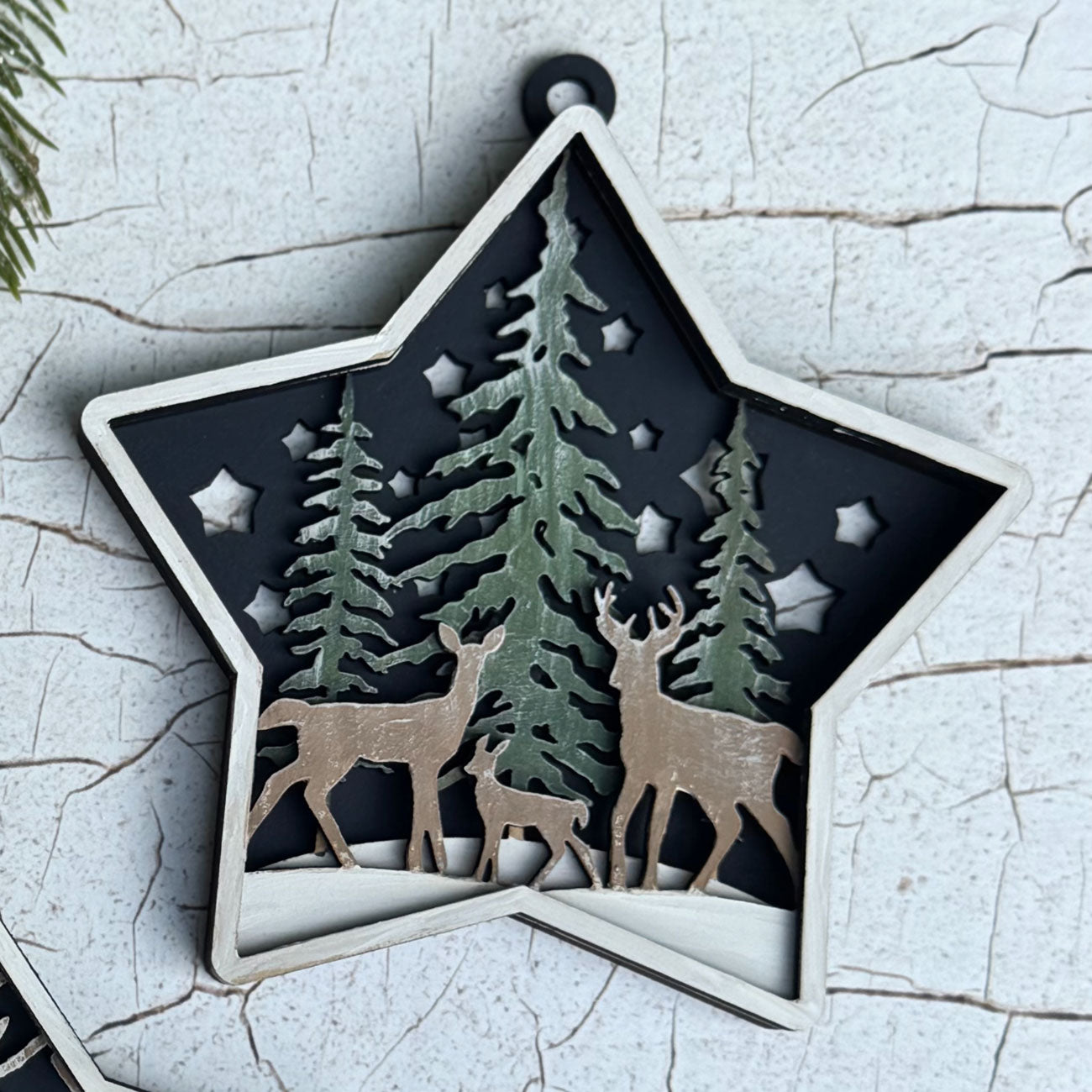 Star Shaped Wooded Themed Deer Family Ornament - Glowforge 