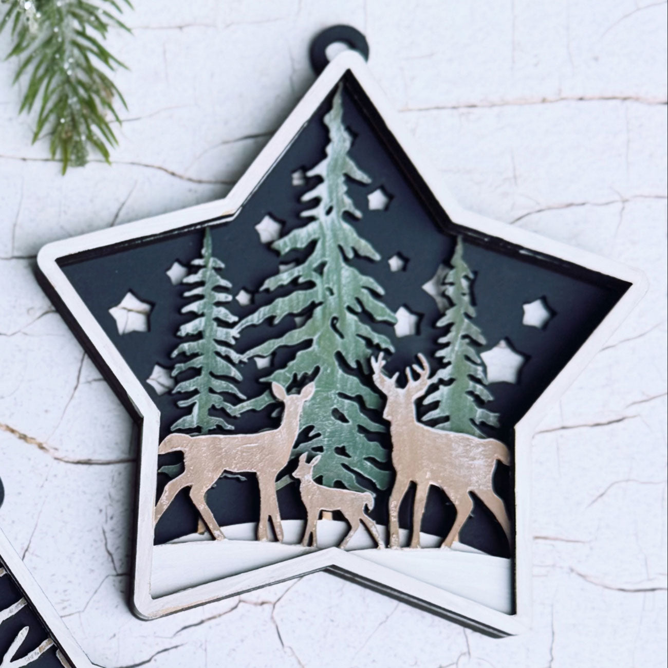 Star Shaped Wooded Themed Deer Family Ornament - Glowforge