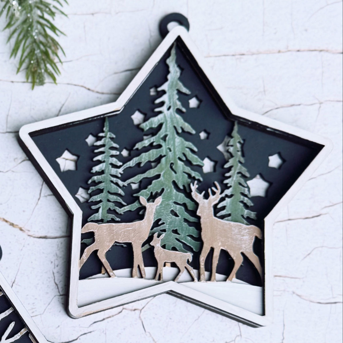 Star Shaped Wooded Themed Deer Family Ornament - Glowforge