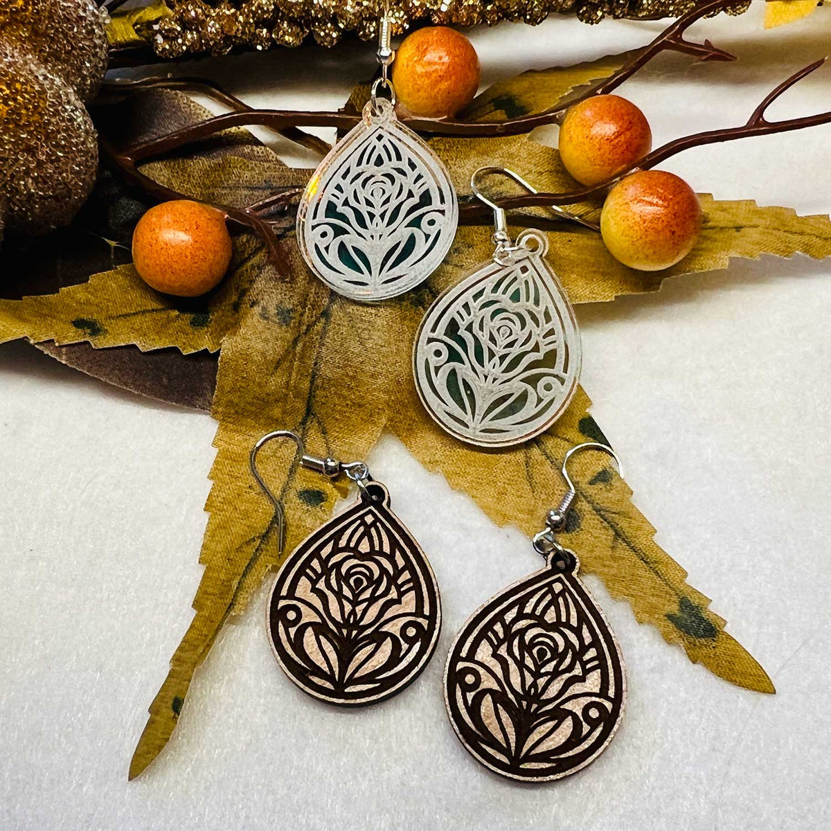 Stylized Rose Teardrop Earrings - Glowforge