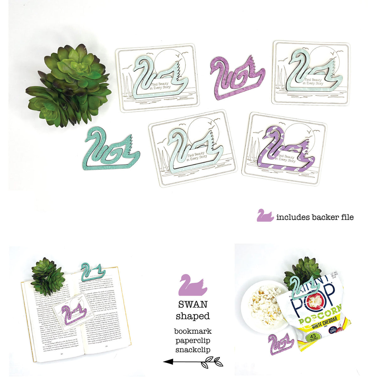 Swan Shaped Bookmark with Card Backer - Paperclip - Snack Bag Closure - Glowforge
