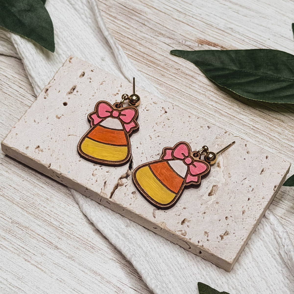 Sweet Candy Corn Bow Earrings - Glowforge